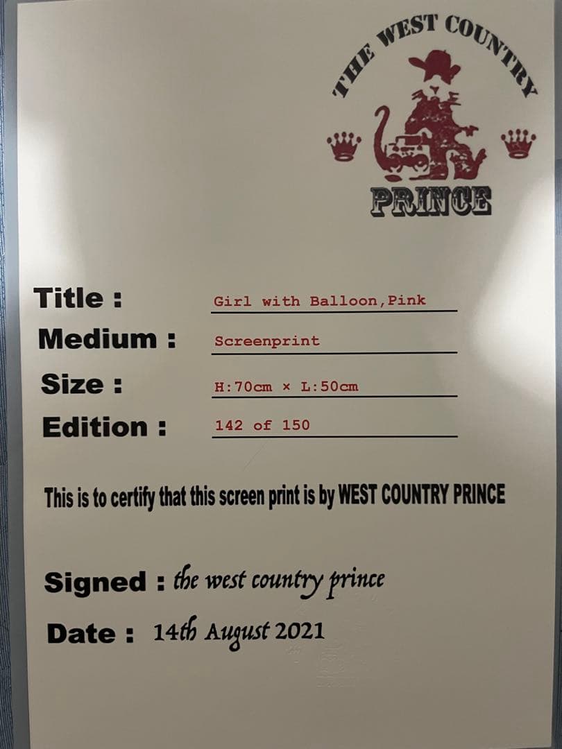 Banksy - Girl with balloon PINK WCP COA付