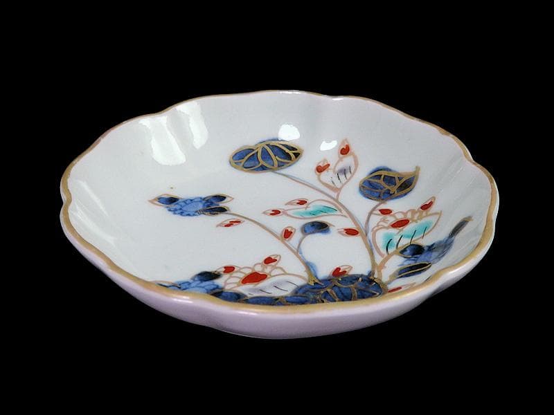 古伊万里 　染錦　河骨紋の図　手塩皿　3寸半皿　４枚 　D417AS-fbuw