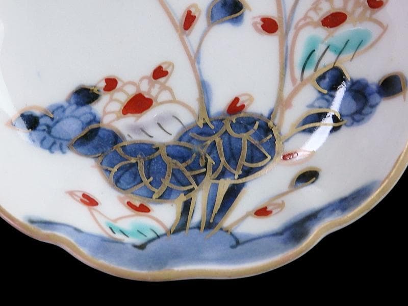 古伊万里 　染錦　河骨紋の図　手塩皿　3寸半皿　４枚 　D417AS-fbuw