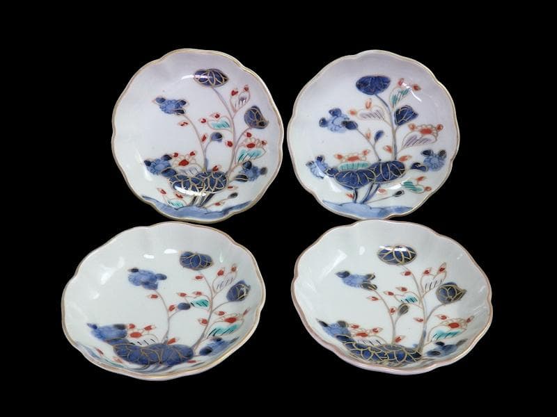 古伊万里 　染錦　河骨紋の図　手塩皿　3寸半皿　４枚 　D417AS-fbuw