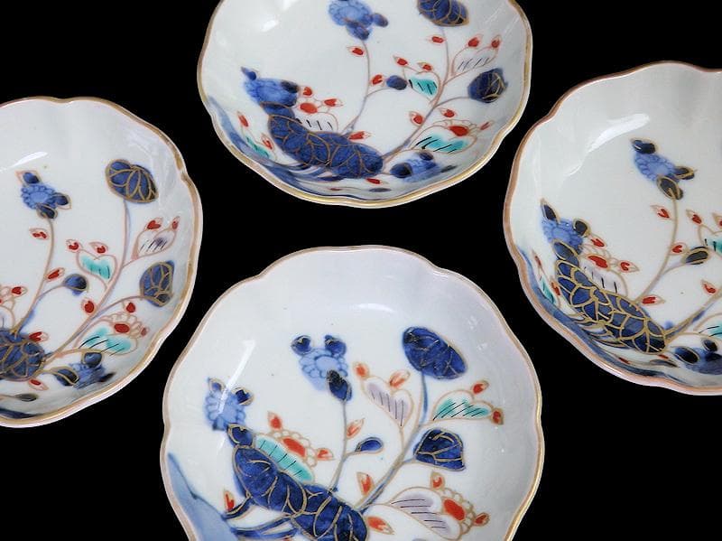 古伊万里 　染錦　河骨紋の図　手塩皿　3寸半皿　４枚 　D417AS-fbuw