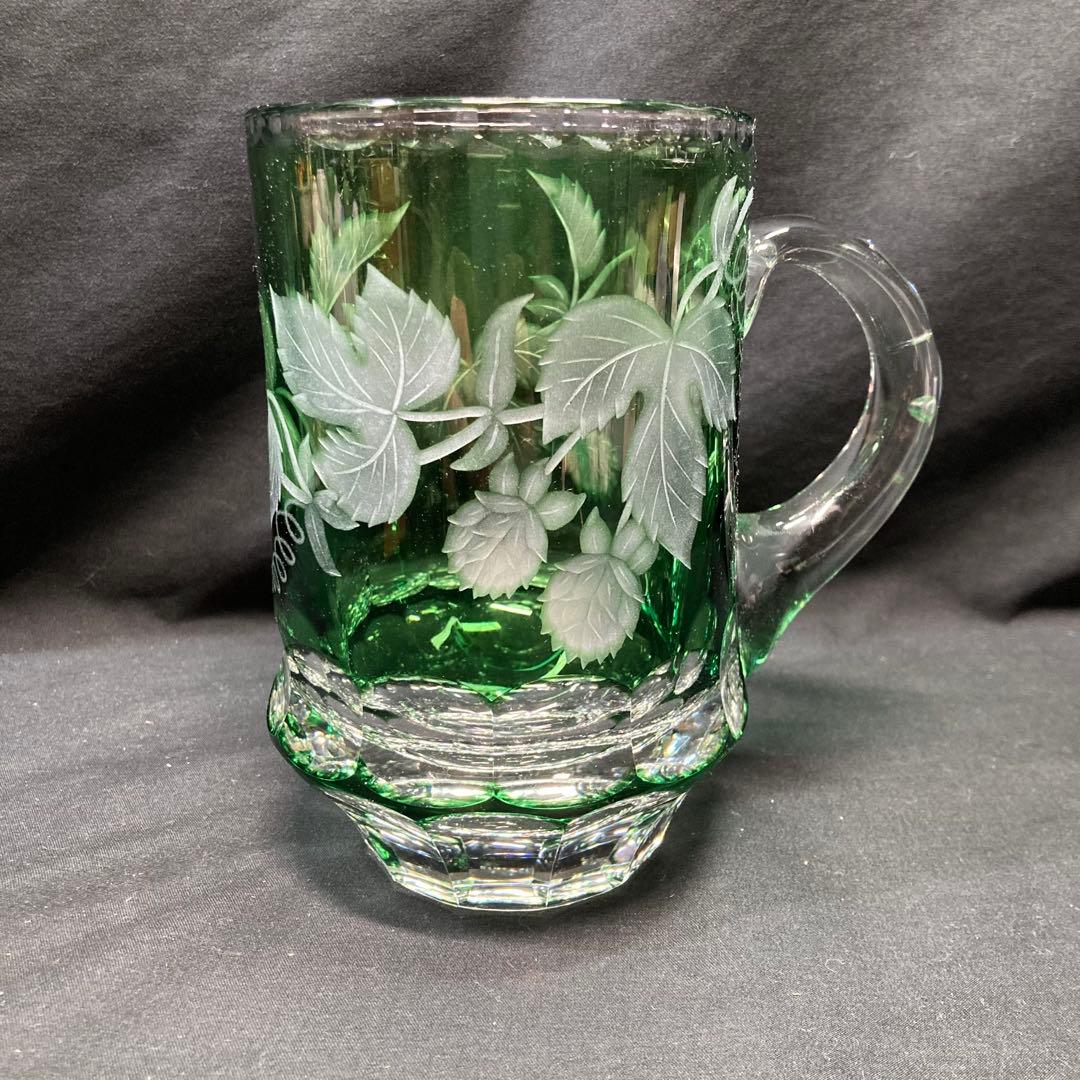 【美品】カガミクリスタル ビアジョッキ グリーン