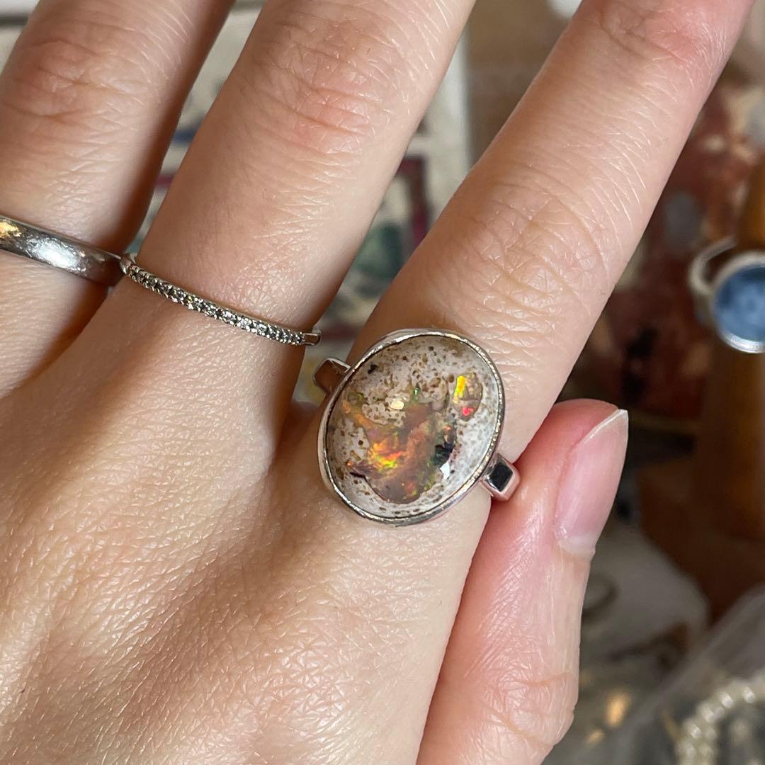 ハンドメイド　シルバー925 シルバーリング　カンテラオパール