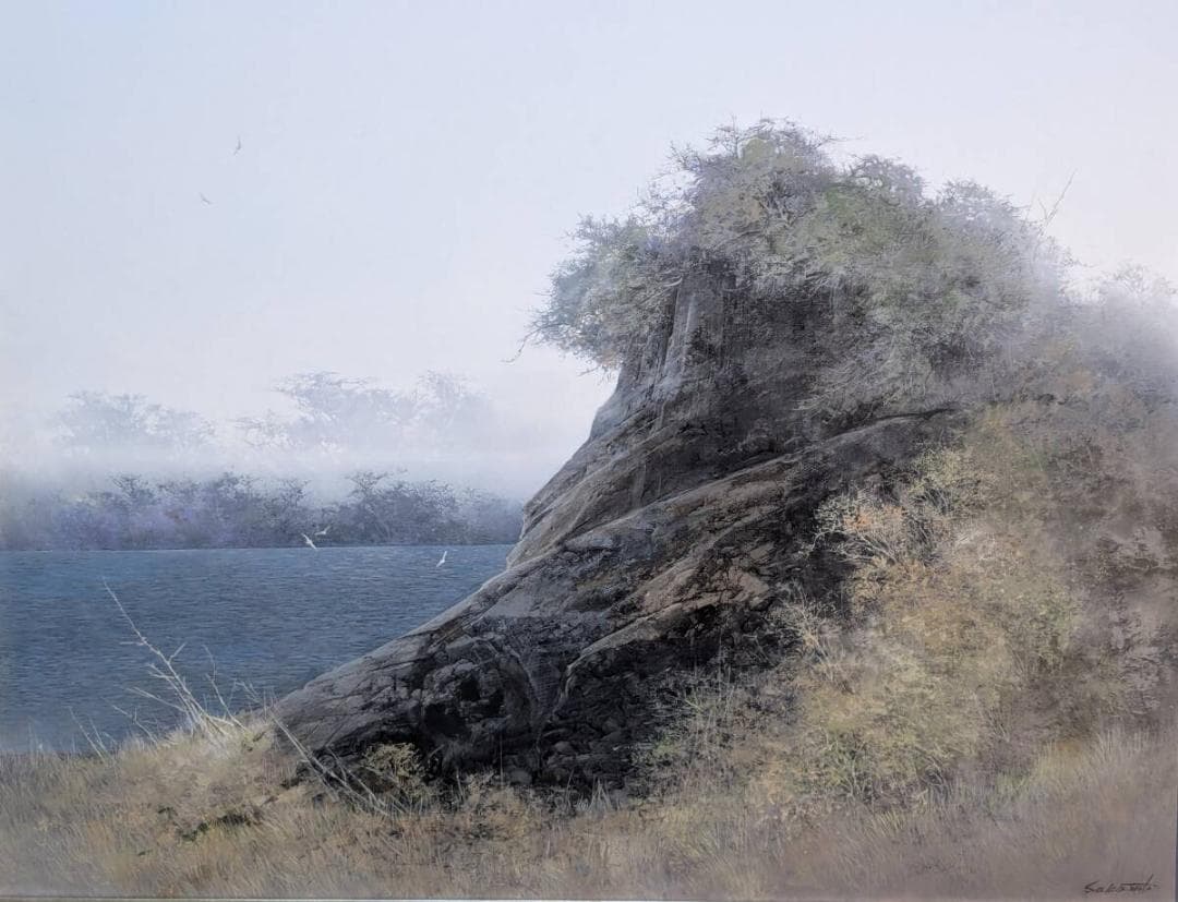 【真作】絵画　阪本修次　油彩30号　翔　叙情的風景画　岩と樹木の情景　Y157