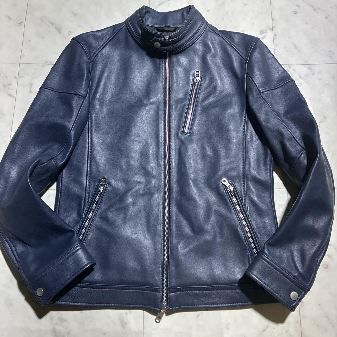 未使用級/L ラトルトラップ　レザージャケット　羊革　ネイビー　光沢感　Wジップ