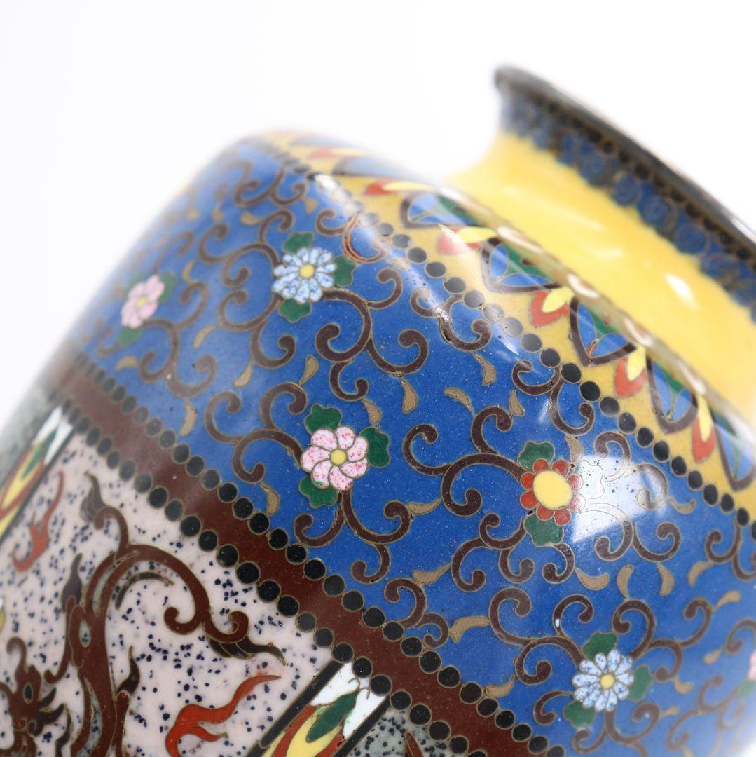 七宝焼 銀覆輪 唐草鳳凰龍図 花瓶 純銀刻印 唐木台座　V505　DC2