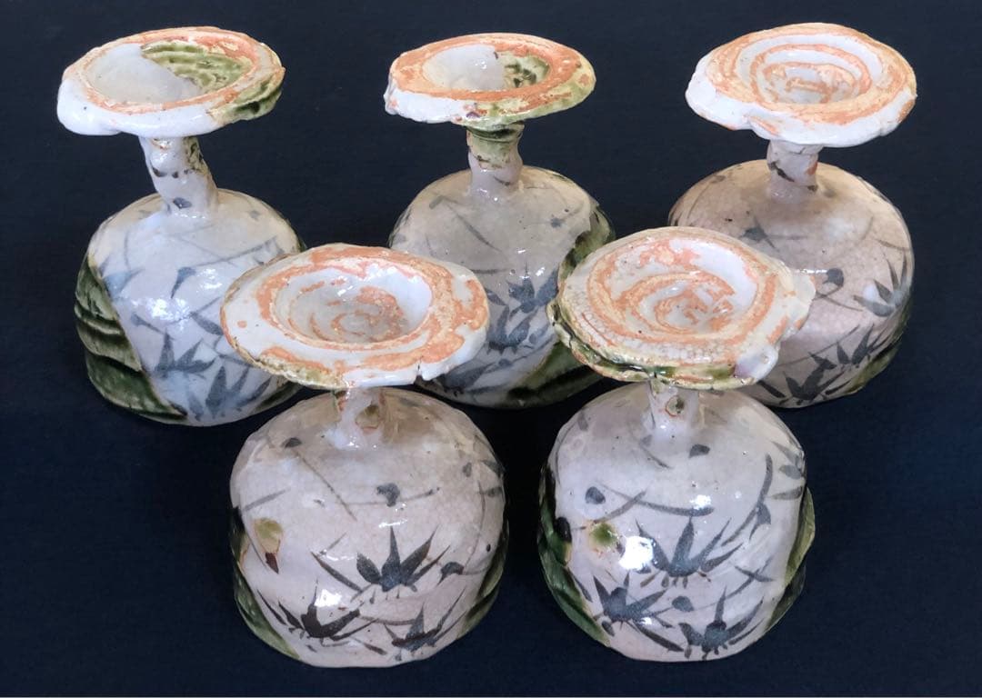 《R》織部焼 葡萄酒盃 5客 ワイン 玉置保夫作 陶歴 共箱 251014い2