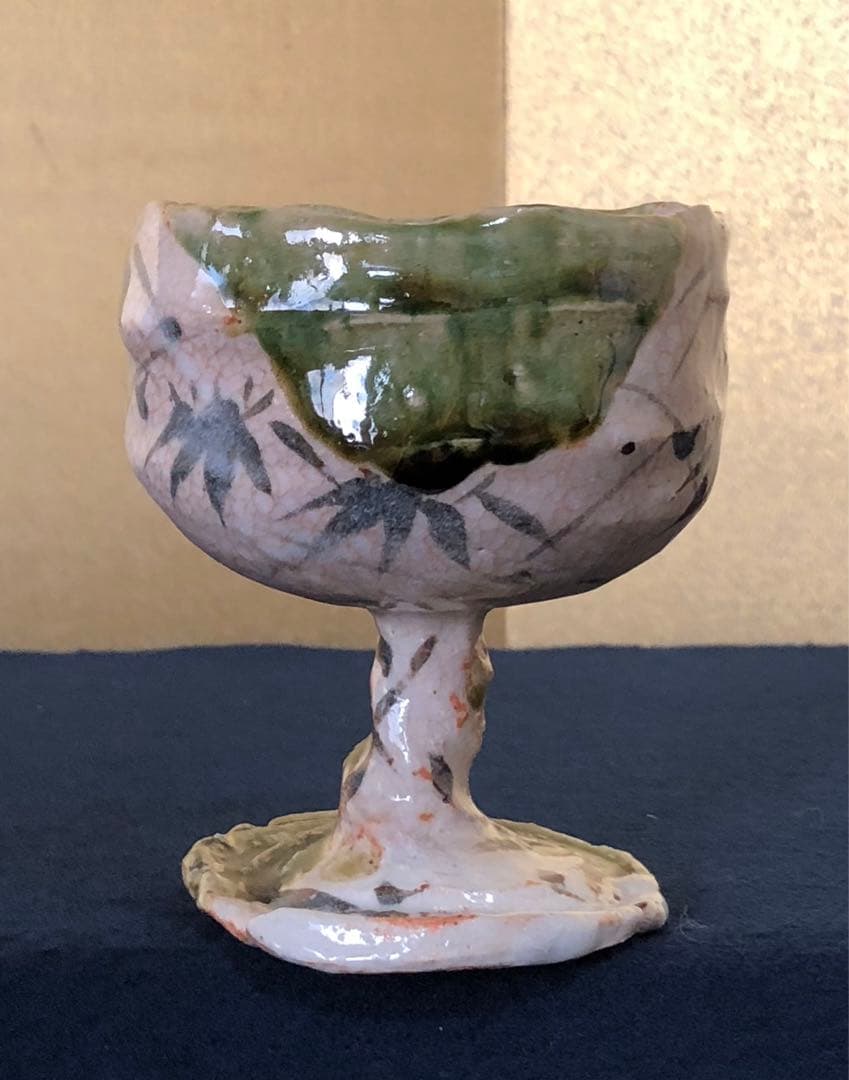 《R》織部焼 葡萄酒盃 5客 ワイン 玉置保夫作 陶歴 共箱 251014い2