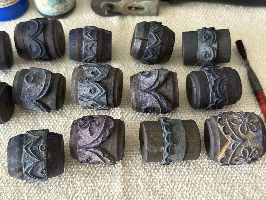 フランスアンティーク　木製スタンプ 15個セット インク瓶付き