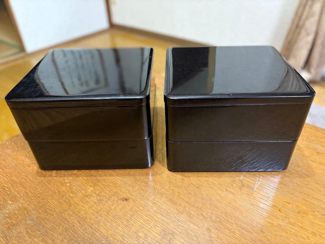 輪島塗？ 黒漆 内朱 重箱 二段 二客揃 共箱付 茶道具 懐石 漆器
