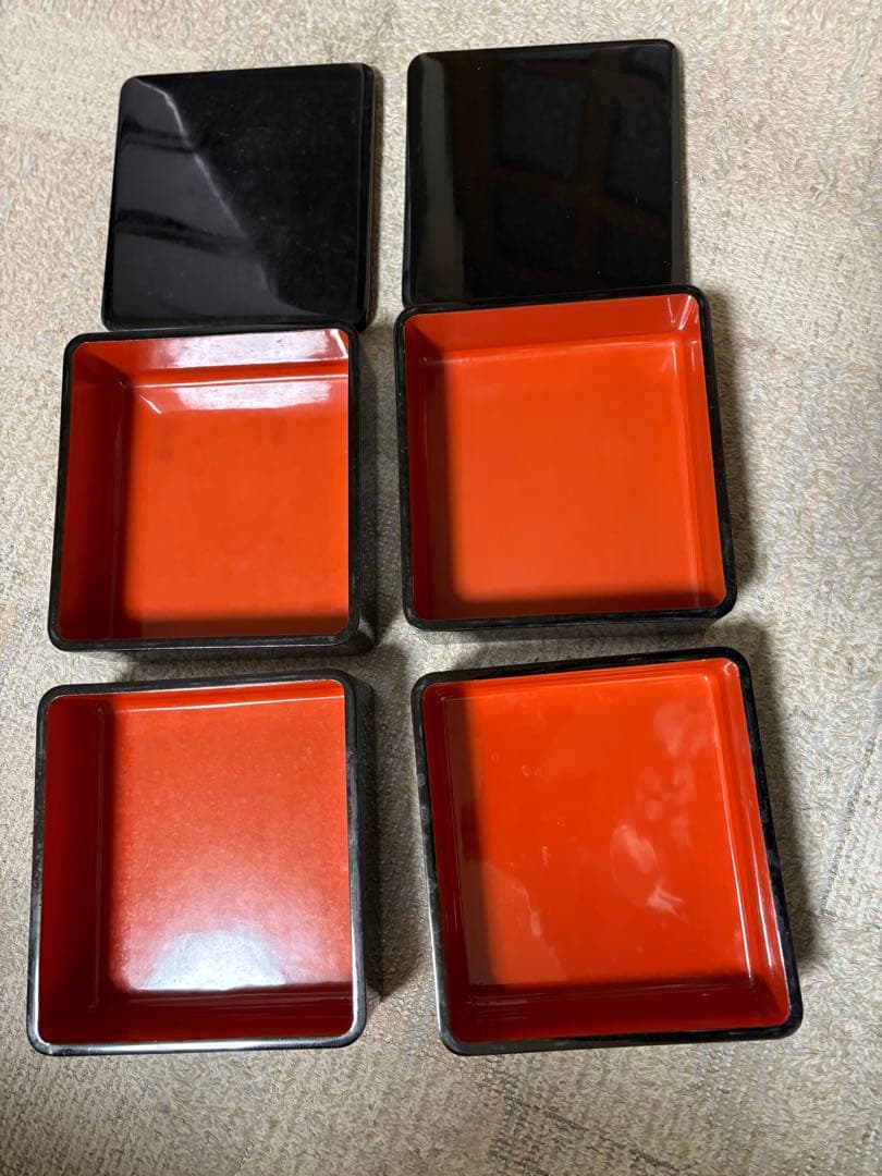 輪島塗？ 黒漆 内朱 重箱 二段 二客揃 共箱付 茶道具 懐石 漆器