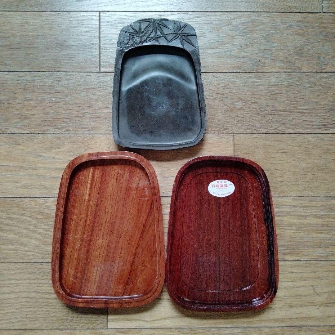 麻子坑 中国高級端渓名硯 珍しい筍竹雀図細工彫刻綺麗な唐木硯箱付最高品質端渓古硯