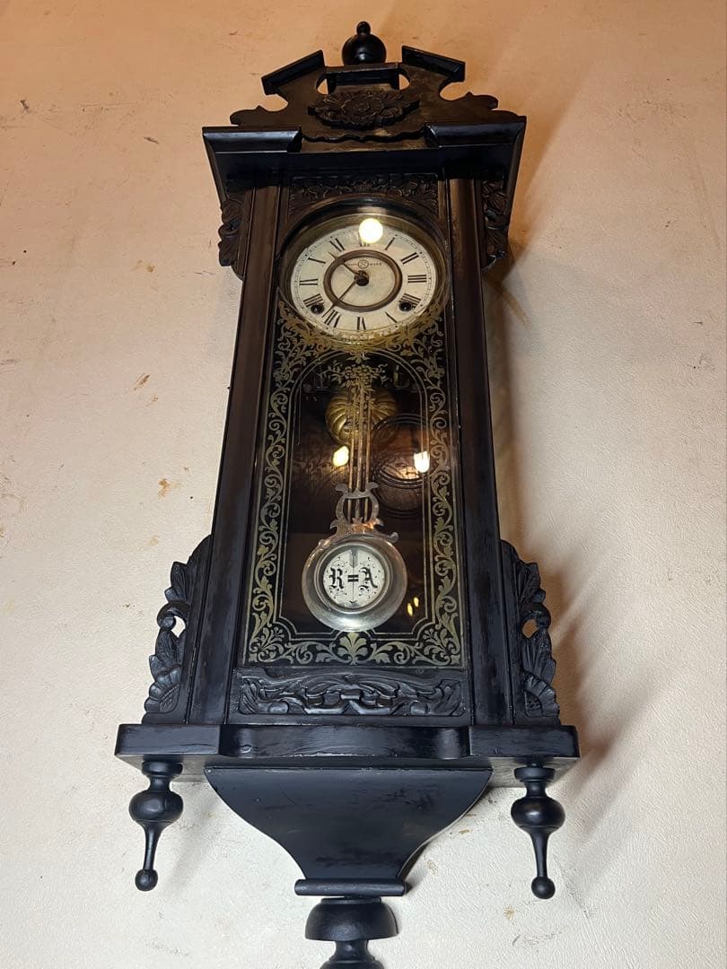 精工舎　黒塗　柱時計　古時計　振り子　ゼンマイ　ボンボン　レトロ　ユンハンス