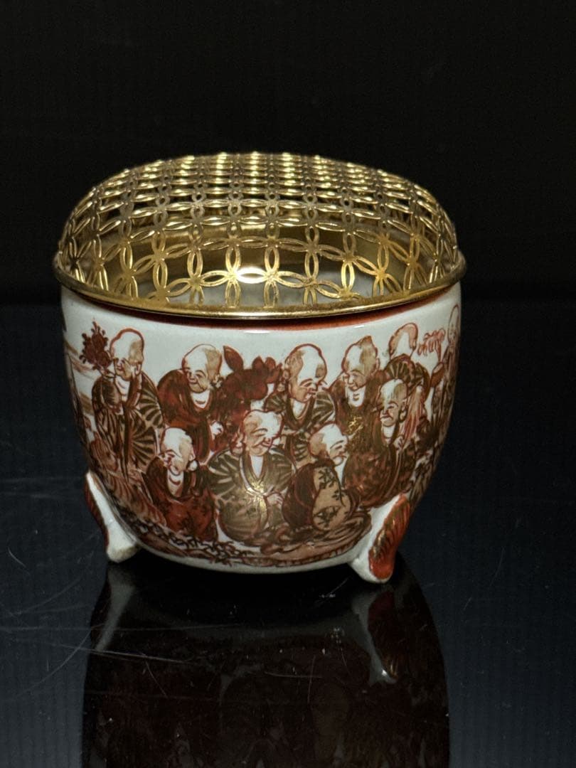 時代 湖東焼 金蘭赤絵 十六人坊主図 香炉