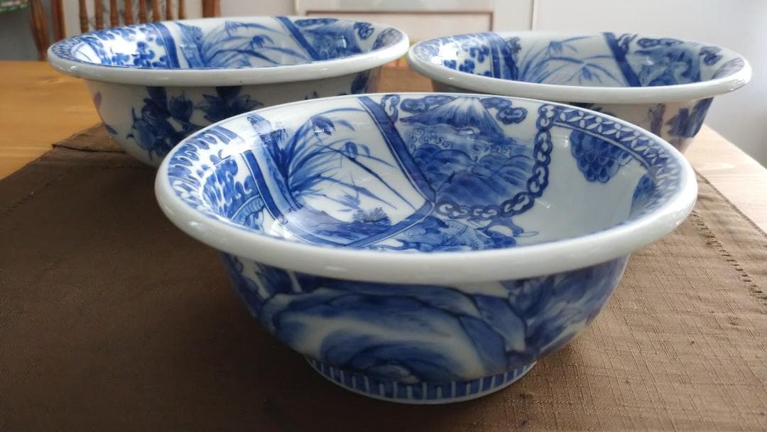 骨董　染付　龍　富士山　三つ組　入れ子鉢