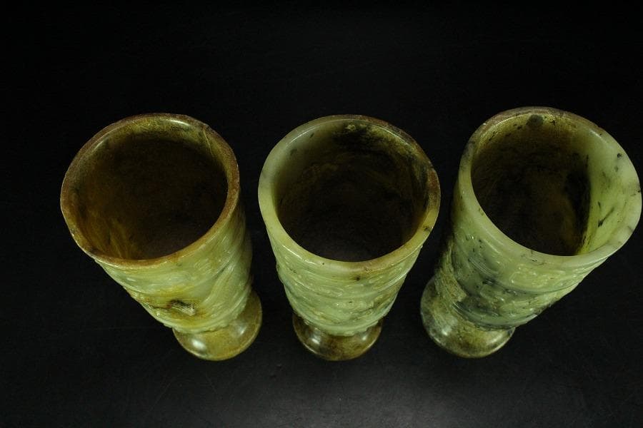 中国美術 砡石 刻 饕餮紋 杯 三件 コレクター蔵品(K-YC541)