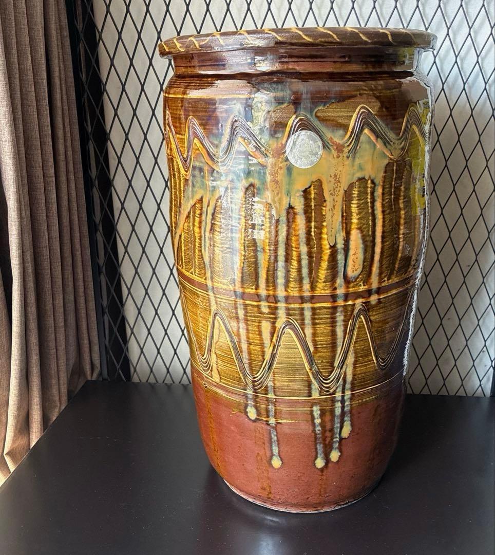 小鹿田焼　傘立て　高さ45㎝　櫛描き　刷毛目　飴　民藝