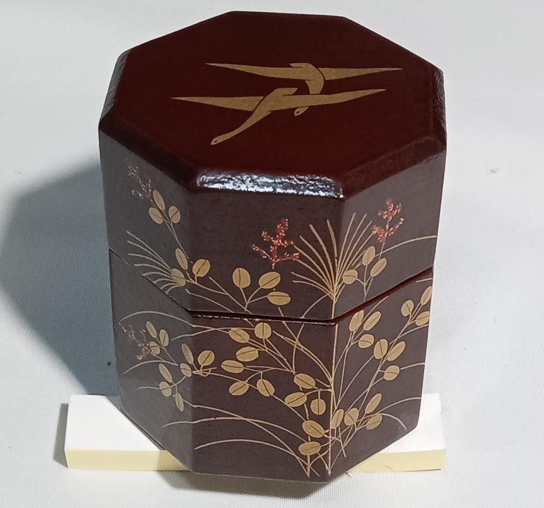 茶道具　宗観好一閑張八角茶器　道場宗廣作　二季鳥に秋草蒔絵八角茶器　超美品！！