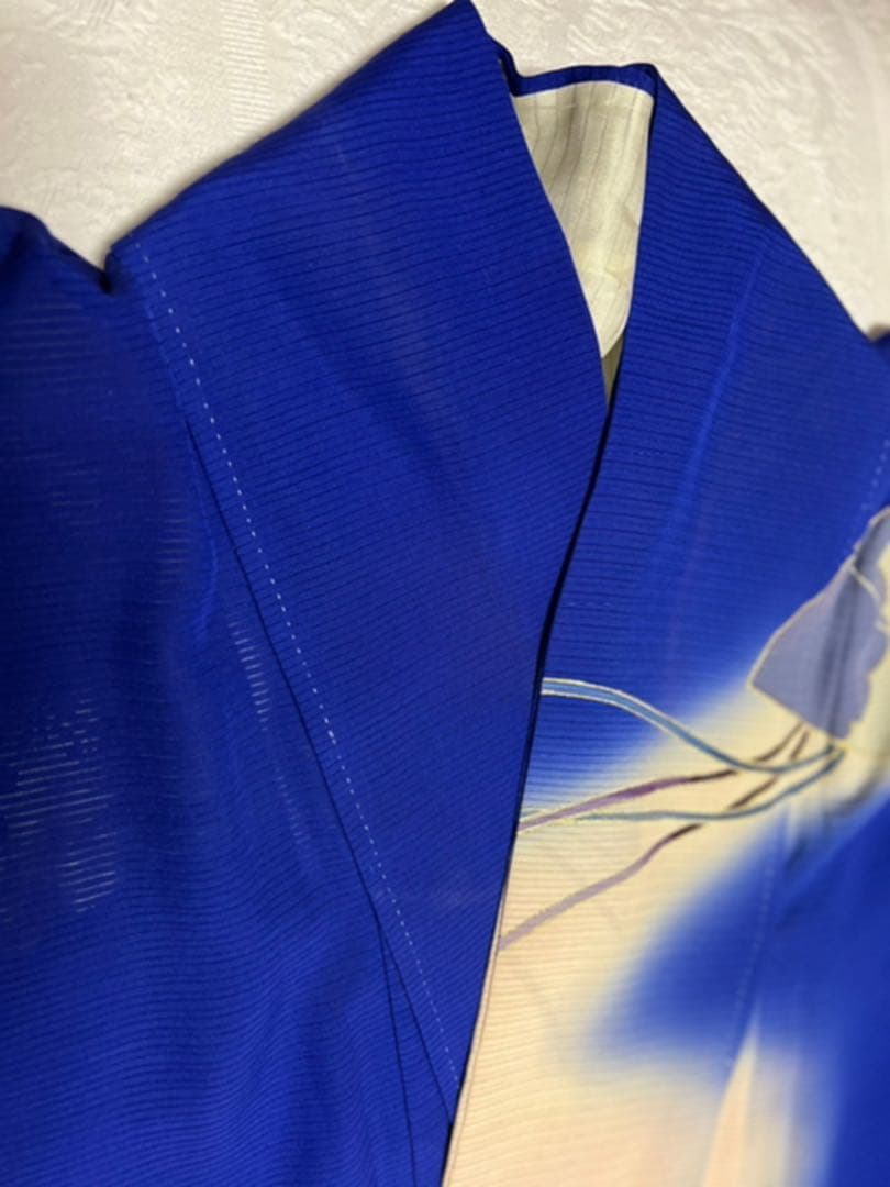 3539◆アンティーク着物正絹絽時代物振袖藍色に白ぼかし染め美しい扇面牡丹　逸品