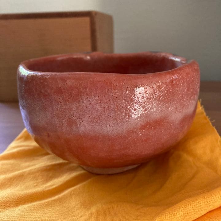 西森静楽●茶碗 赤●共箱、布●ヴィンテージ茶道具