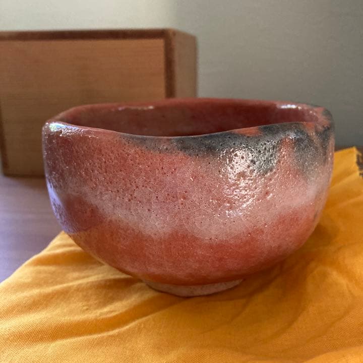 西森静楽●茶碗 赤●共箱、布●ヴィンテージ茶道具