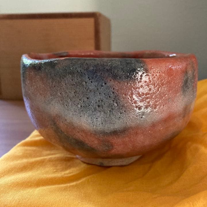 西森静楽●茶碗 赤●共箱、布●ヴィンテージ茶道具