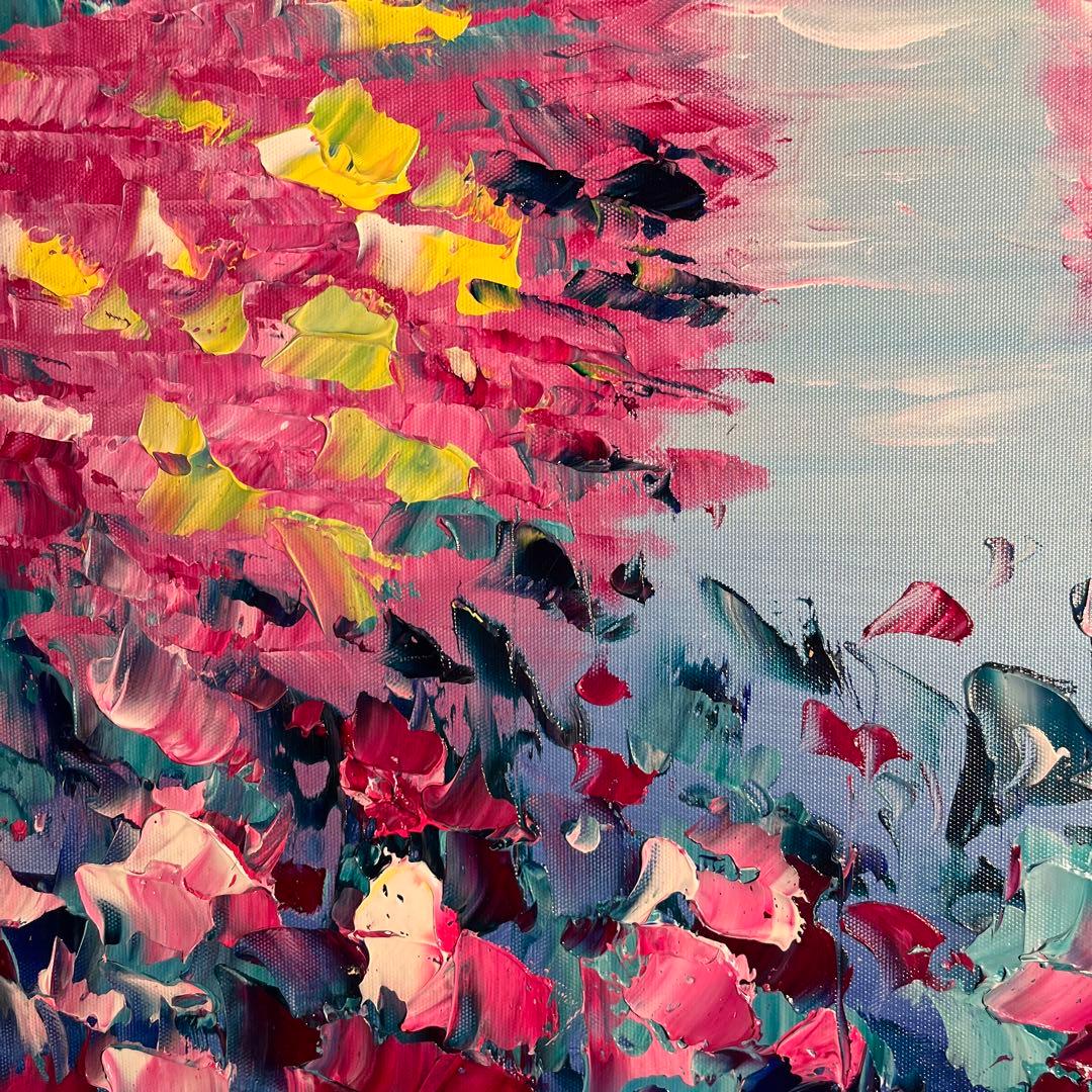 ★秀作★手描き油絵 朱に染まる睡蓮 額付 肉筆絵画 インテリア 油彩画