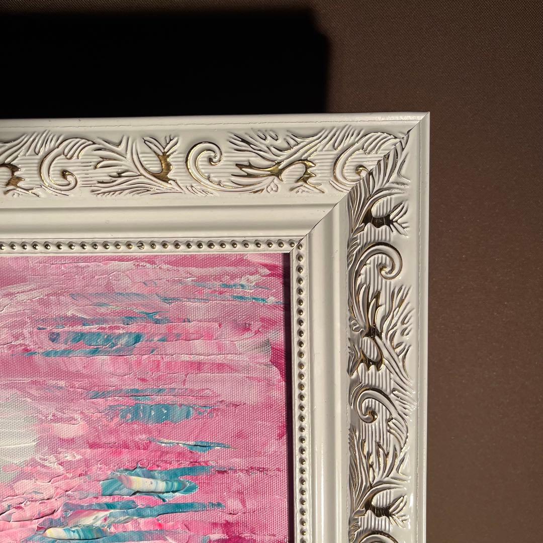 ★秀作★手描き油絵 朱に染まる睡蓮 額付 肉筆絵画 インテリア 油彩画