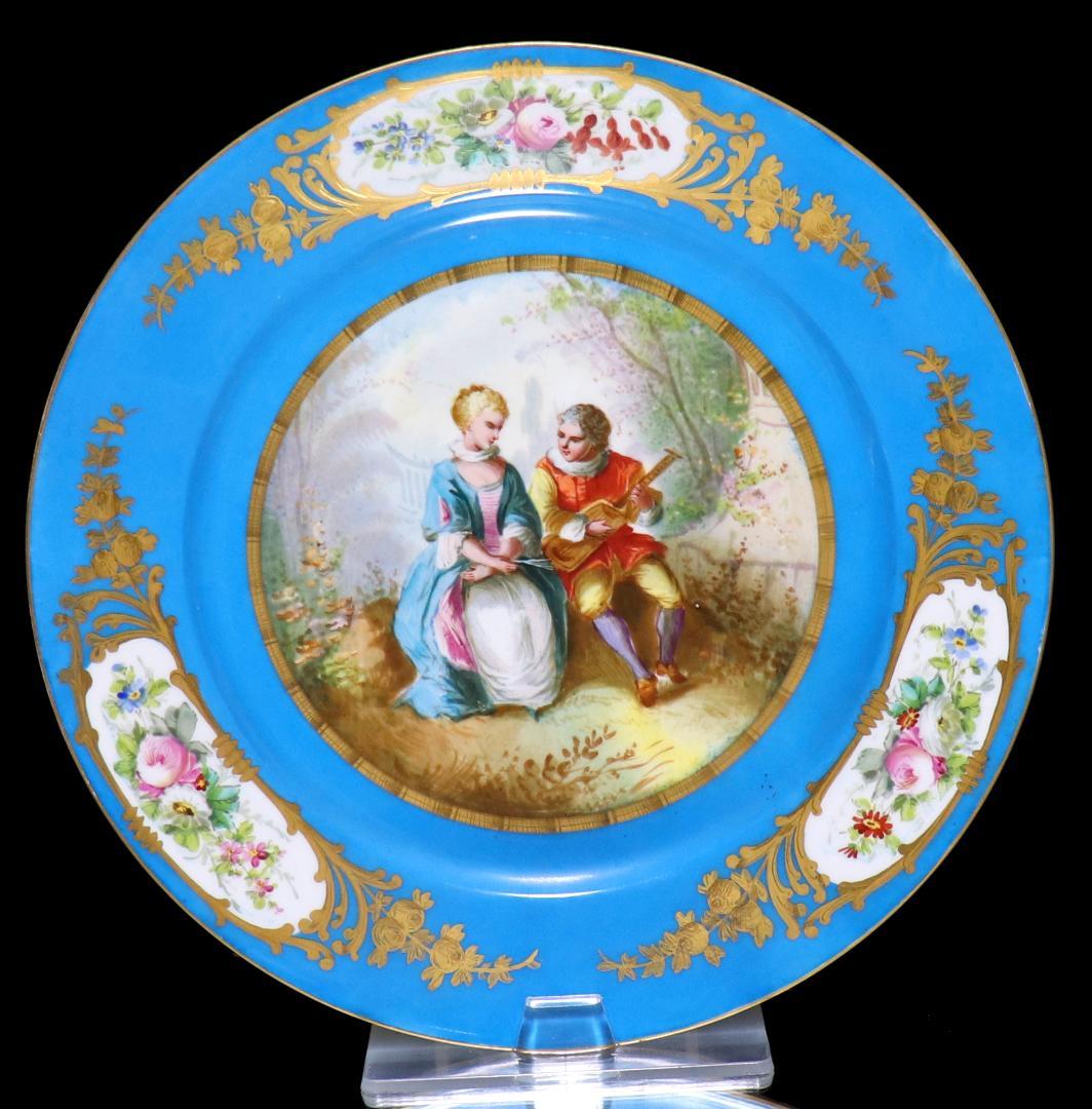 オールド・セーブル 1876年頃 青地色絵金彩男女図皿 ターコイズブルー 大型