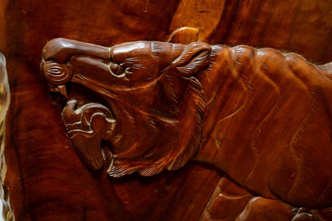 衝立　一枚木　最上級材質　欅　虎竹彫刻