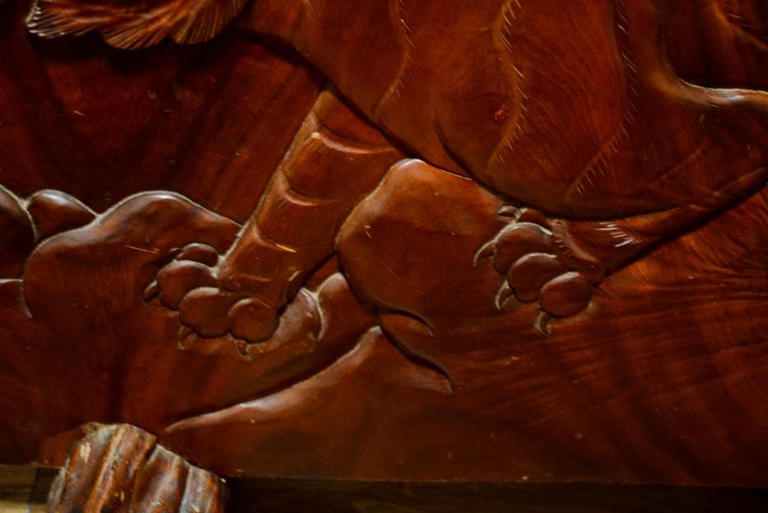 衝立　一枚木　最上級材質　欅　虎竹彫刻