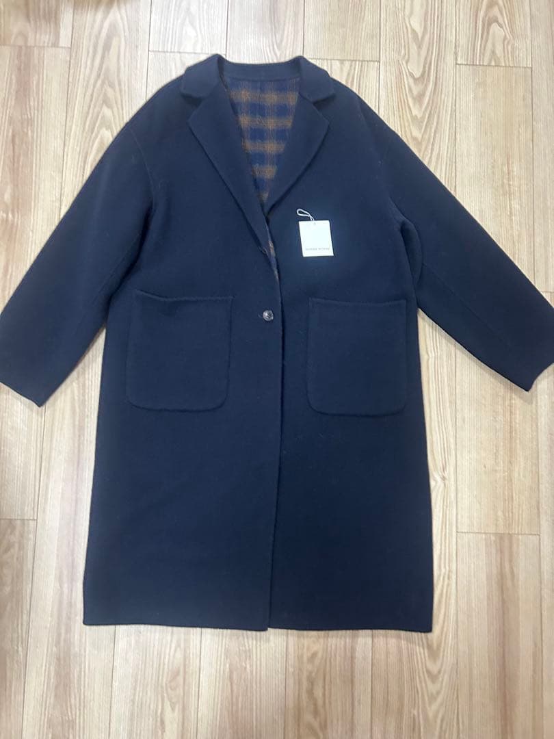 HUMAN WOMANウールリバー チェスターコート チェック×ネイビー M