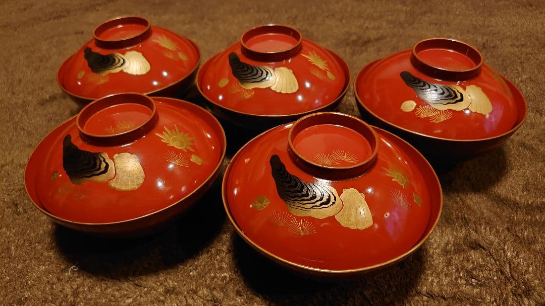 輪島塗　漆器　金蒔絵　蒔絵　蓋椀　蛤の図　人間国宝　５客