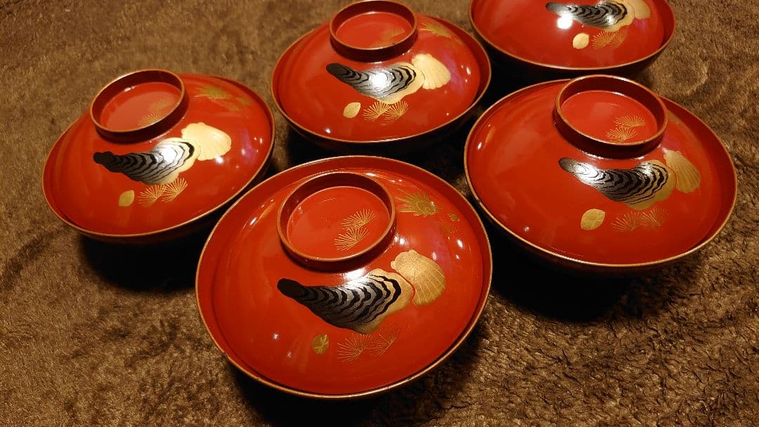 輪島塗　漆器　金蒔絵　蒔絵　蓋椀　蛤の図　人間国宝　５客