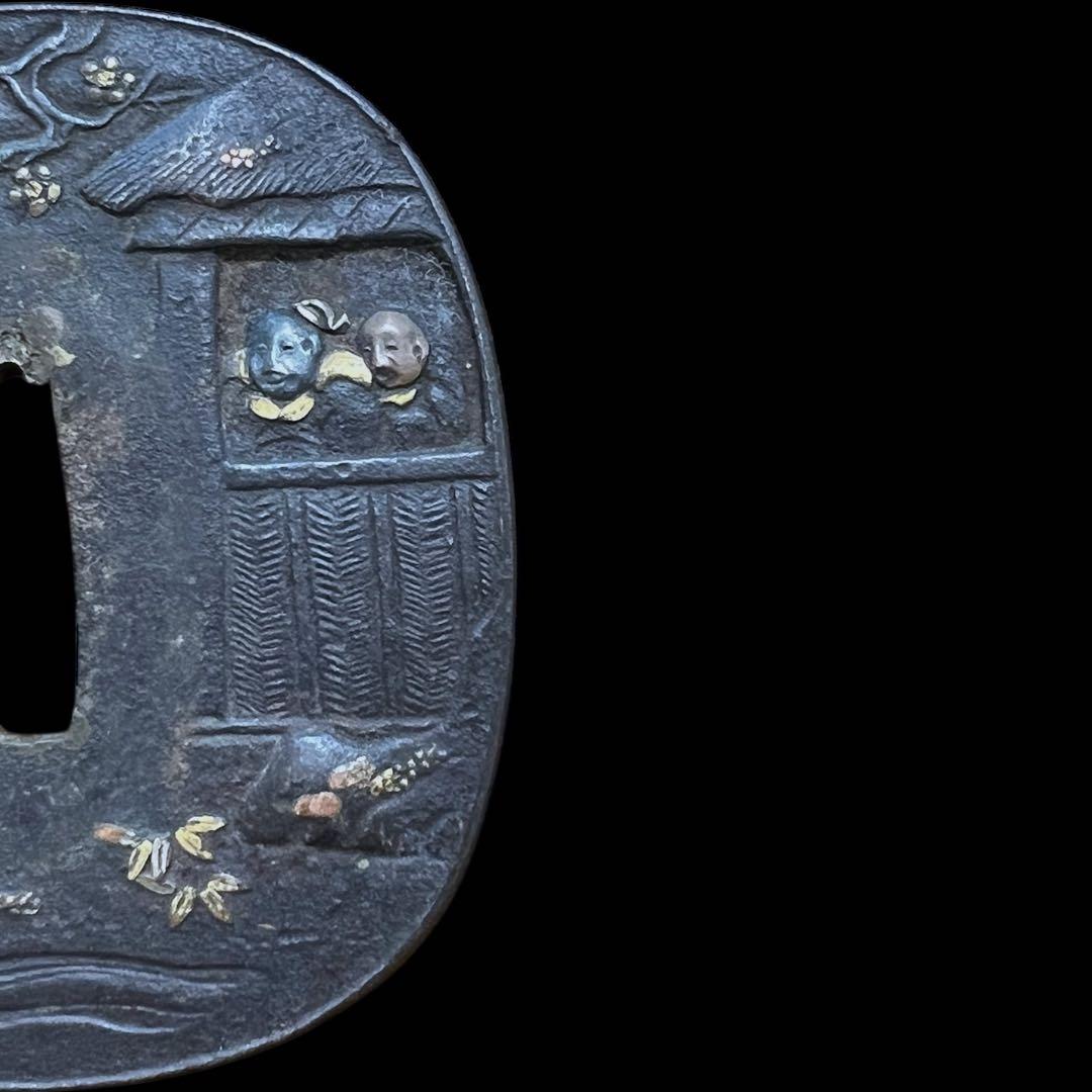 グ*ー様 鸛《古美術》刀装具 本歌 無銘 鉄地 金象嵌人物画花水風景図 鍔 武具