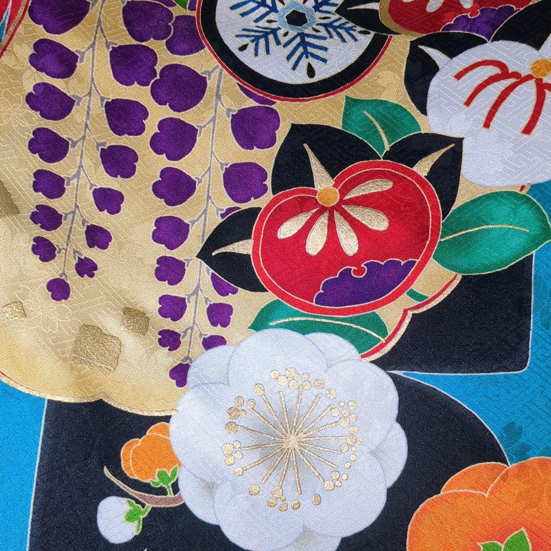 正絹振袖 駒刺繍 紫野 百合 金彩 振袖セット 振袖フルセット 青緑 81