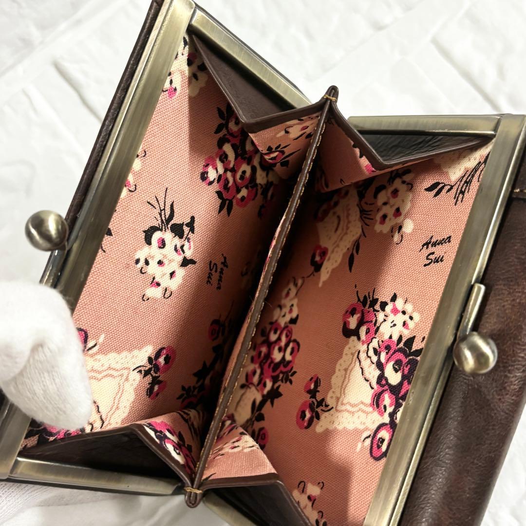 ニ*ラ様 ANNA SUI アナスイ 三つ折り財布 がま口 レザー ブラウン 蝶