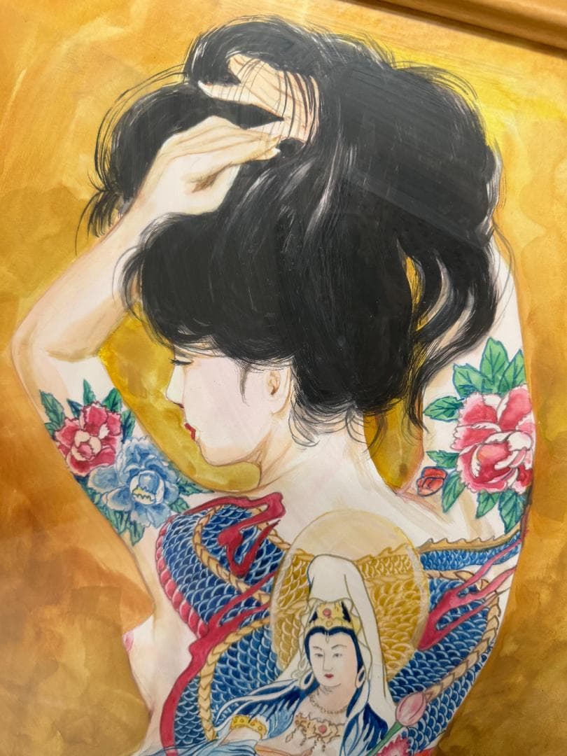 龍泉 リュウセン Ryu sen 刺青 龍上観音図 水彩画 在銘 艶絵