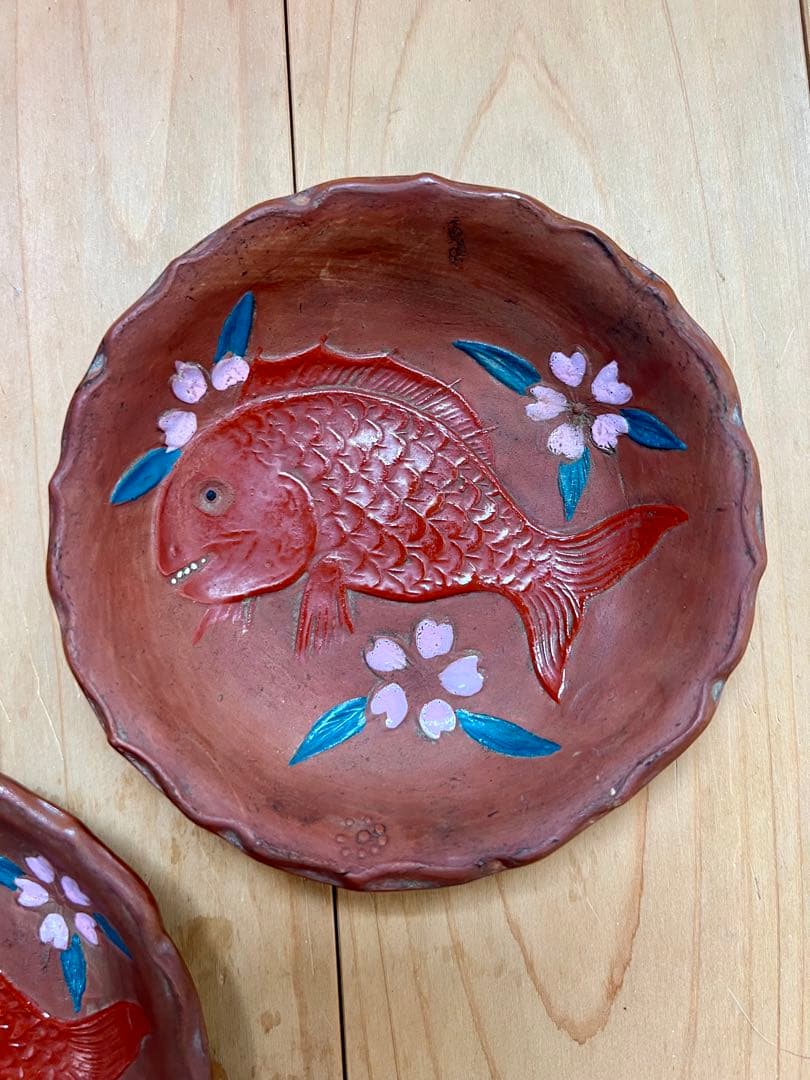 せんべい皿　鯛の図A 5枚セット　絵備前　色備前　備前焼　小皿　アンティーク