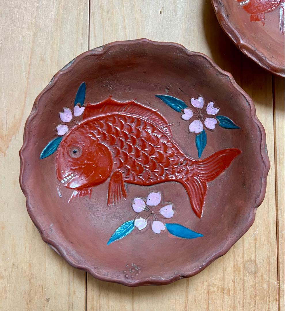 せんべい皿　鯛の図A 5枚セット　絵備前　色備前　備前焼　小皿　アンティーク