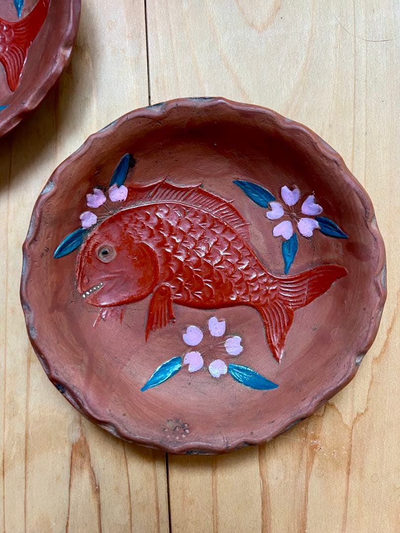 せんべい皿　鯛の図A 5枚セット　絵備前　色備前　備前焼　小皿　アンティーク