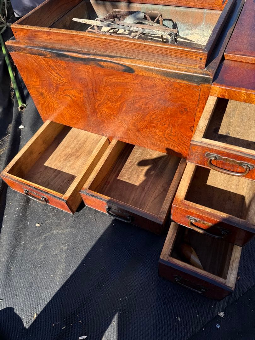 昭和初期 関東長火鉢 欅玉杢 木製 古民具 引き出し付 灰床 五徳 灰匙 猫板付