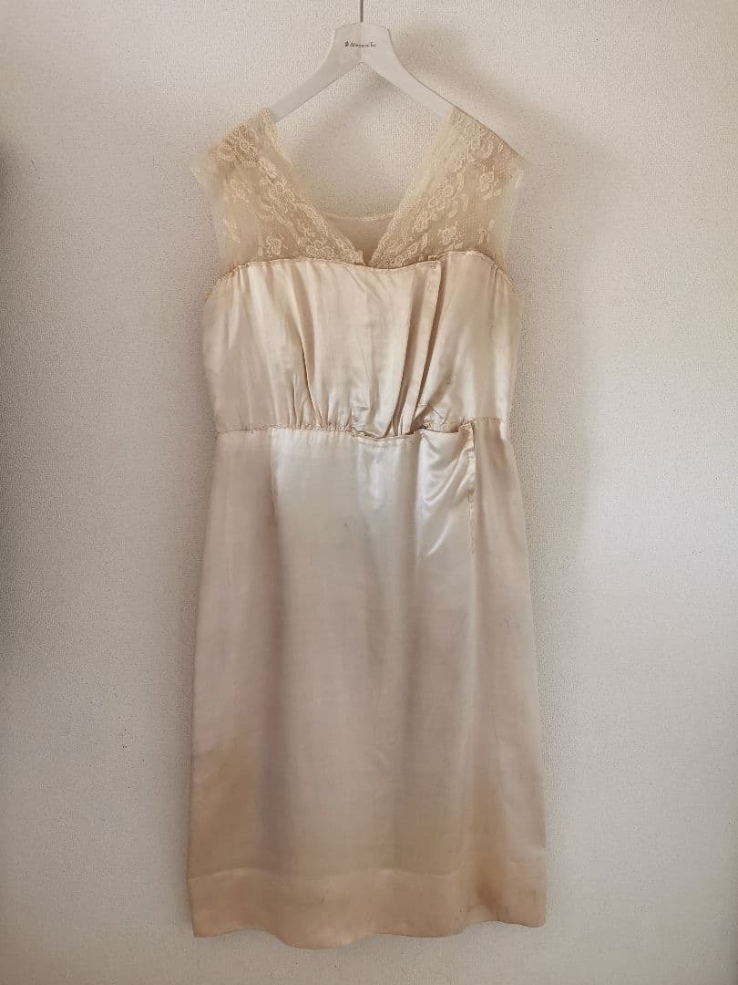 欧米アンティーク キャリックマクロスレース刺繍チュール パーティー シルクドレス