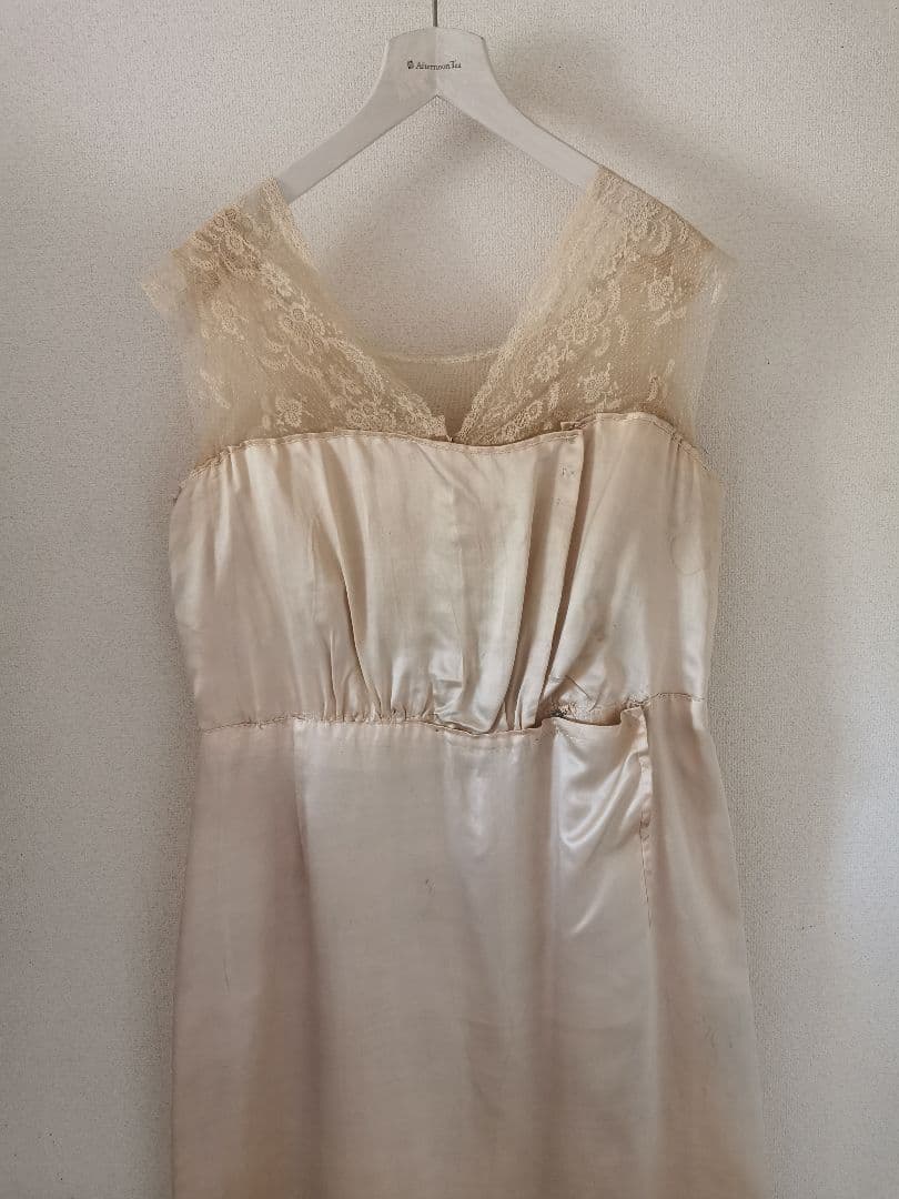 欧米アンティーク キャリックマクロスレース刺繍チュール パーティー シルクドレス