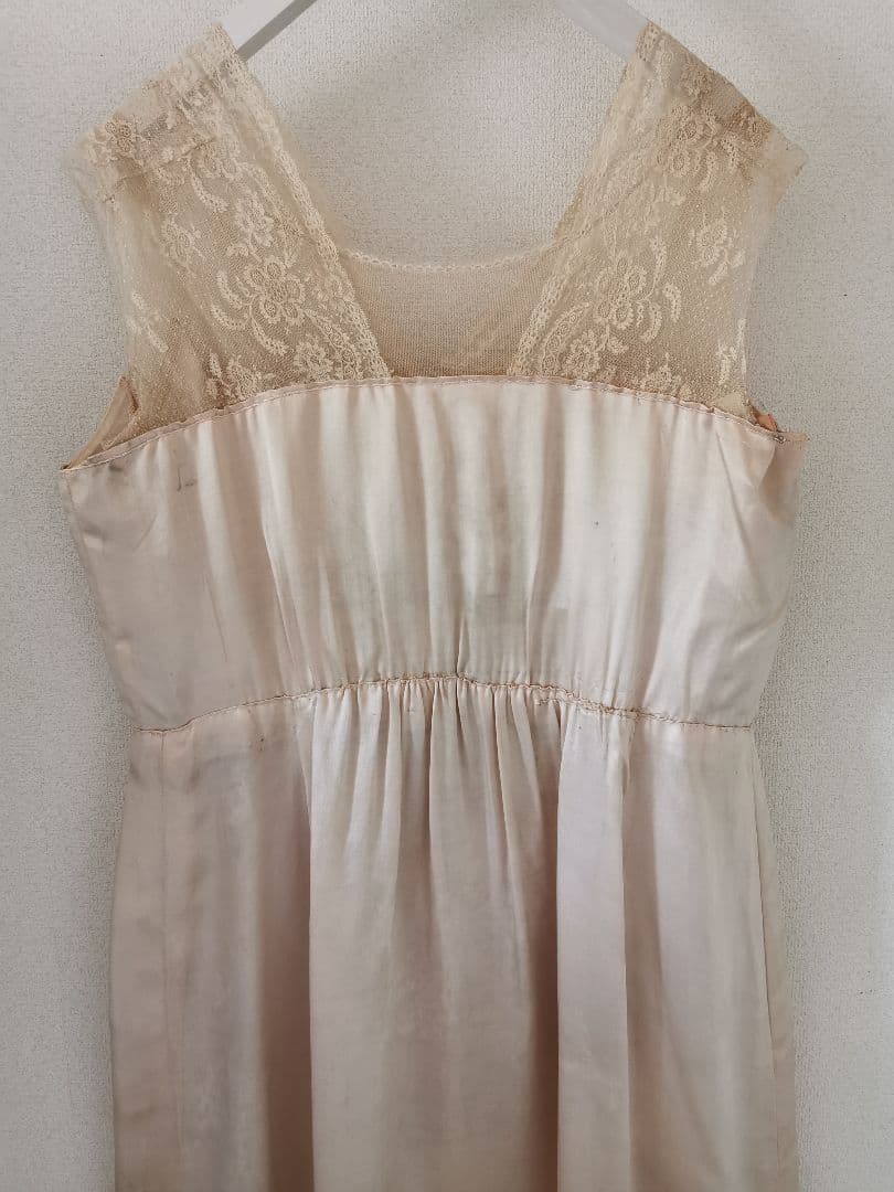 欧米アンティーク キャリックマクロスレース刺繍チュール パーティー シルクドレス