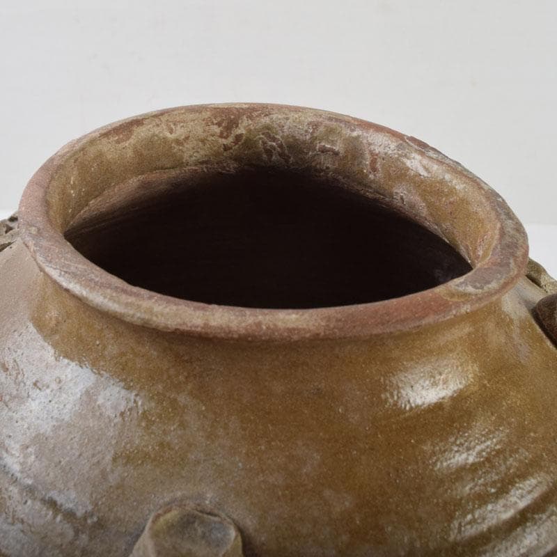 中国　飴釉　花草刻　双耳壷　時代箱　Z　8615A