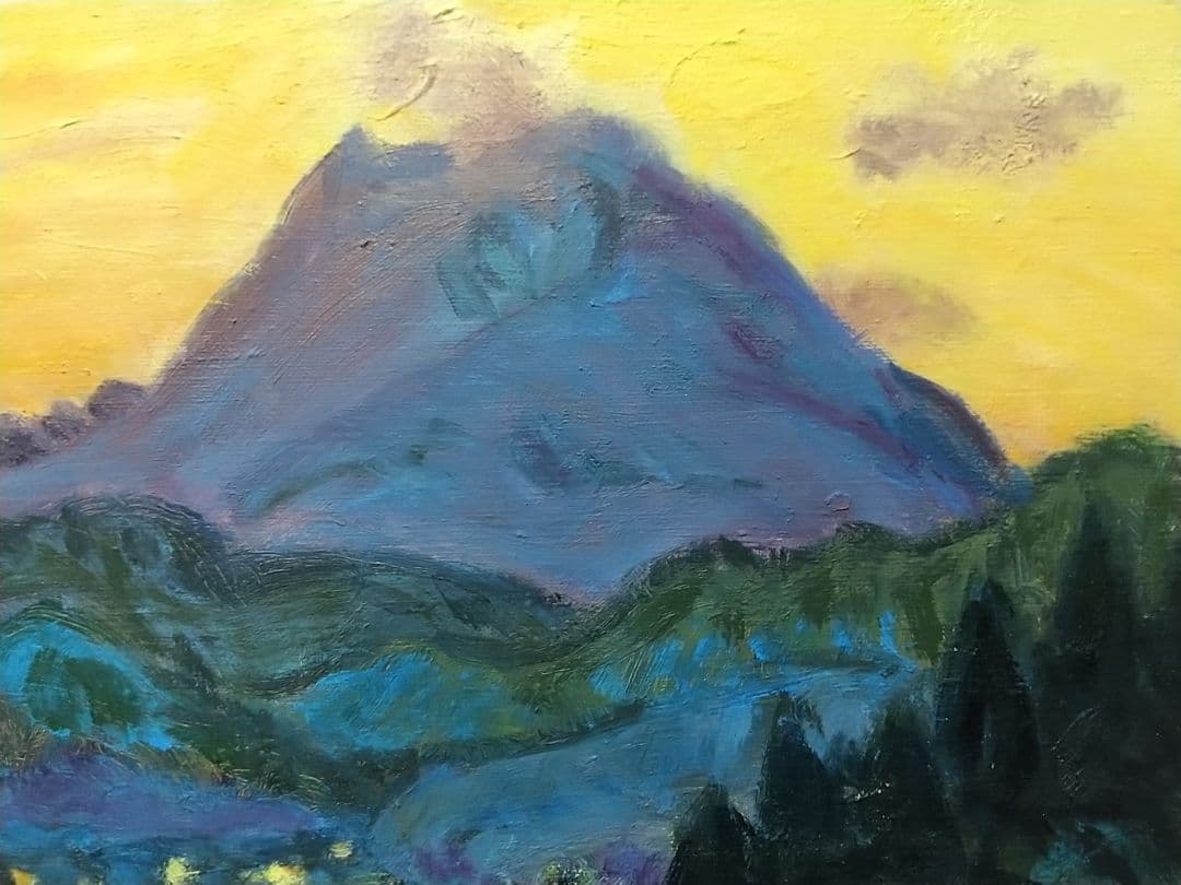 油彩画 「浅間夕景」油絵 絵画 F4 風景画 アート 額装 額縁 古径