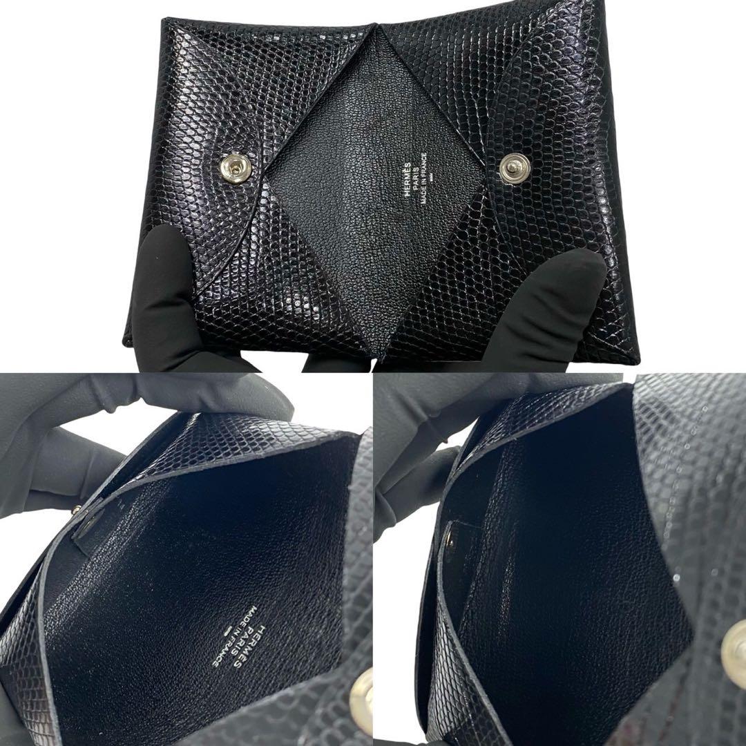 ほぼ未使用 エルメス カルヴィ リザード レザー ケース 小銭入れ 黒