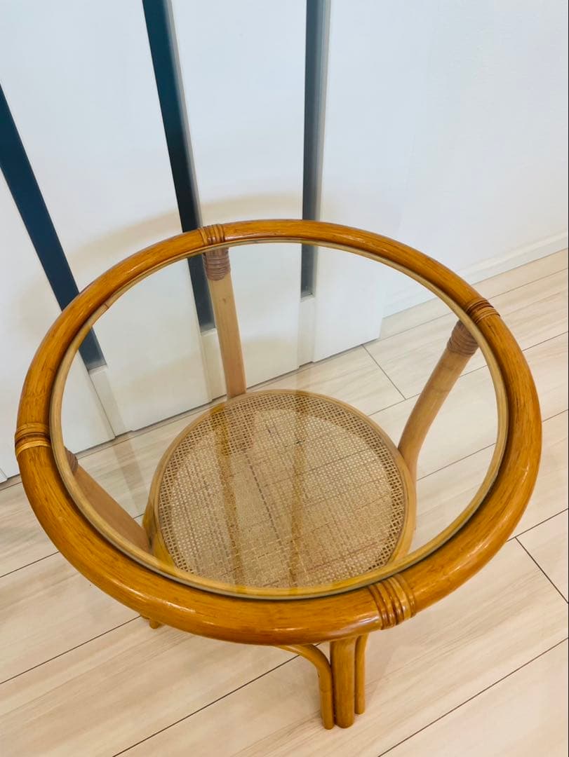 ヴィンテージ ラタンガラス ラウンドテーブルローテーブル籐 レトロ