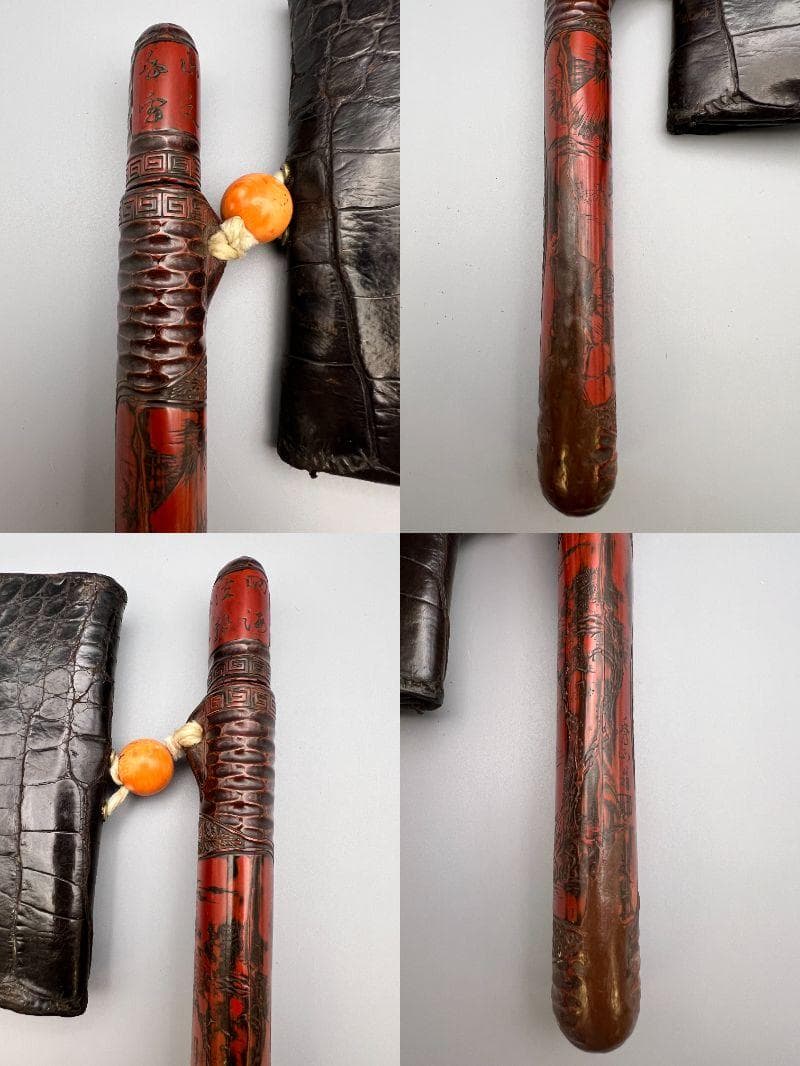 江戸明治時代　極上山水詩堆朱絵　秀心翁在銘　タバコ入　大玉珊瑚根〆　銀製キセル